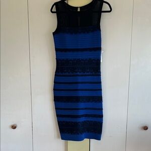 Roma Blue and Black Lace-Trim Sleeveless Bodycon Dress